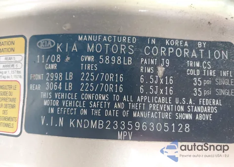 2009 Kia Sedona Lx from USA, damaged, VIN KNDMB233596305128